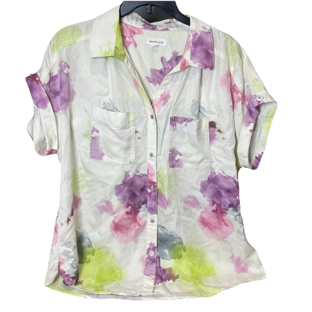 Westbound Womens Sz M Multi Color Pastel Tie Dye Knit Short Sleeve Blouse Top - Picture 1 of 7